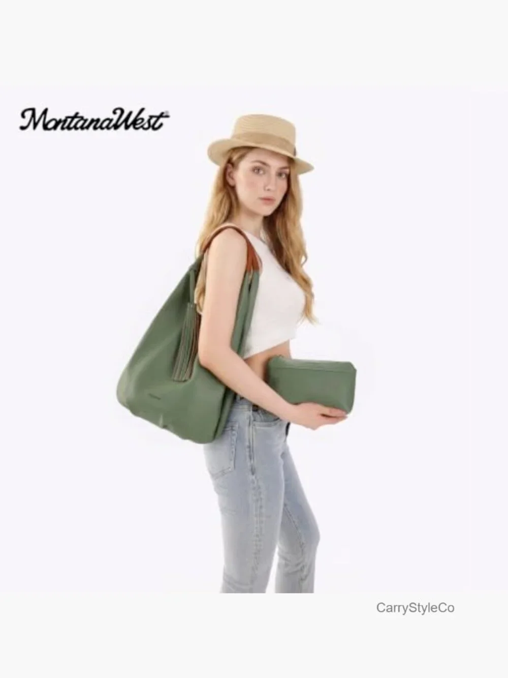 Vegan Leather Slouchy Hobo Bag Set with Tassels & Cosmetic Bag
